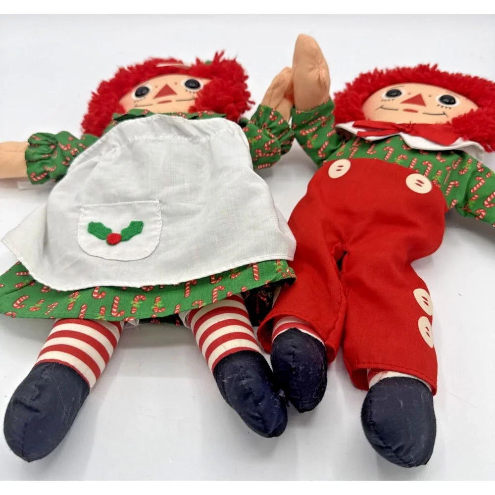 Vintage Playskool RAGGEDY ANN  & ANDY Christmas Theamed Stuffed Plush Dolls 13”